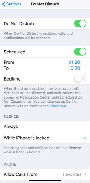 Do Not Disturb settings in iOS